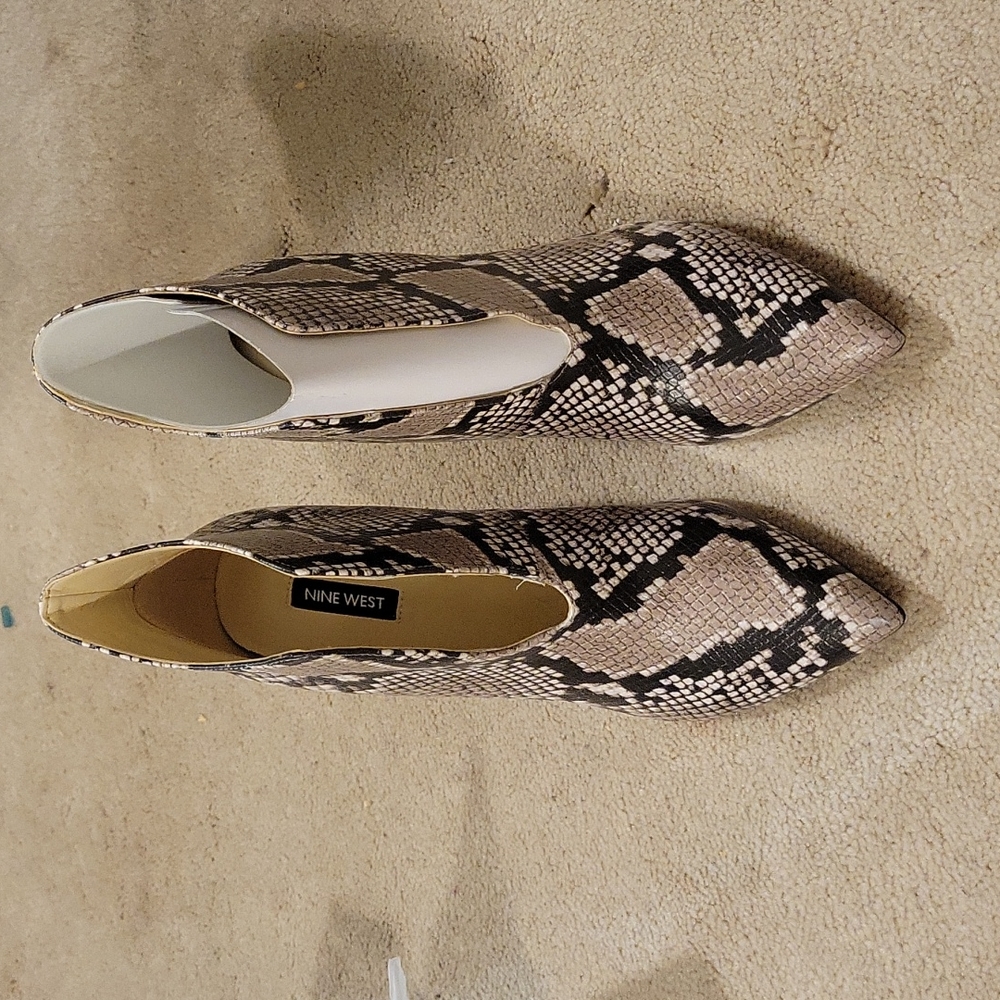 Snake print booties.